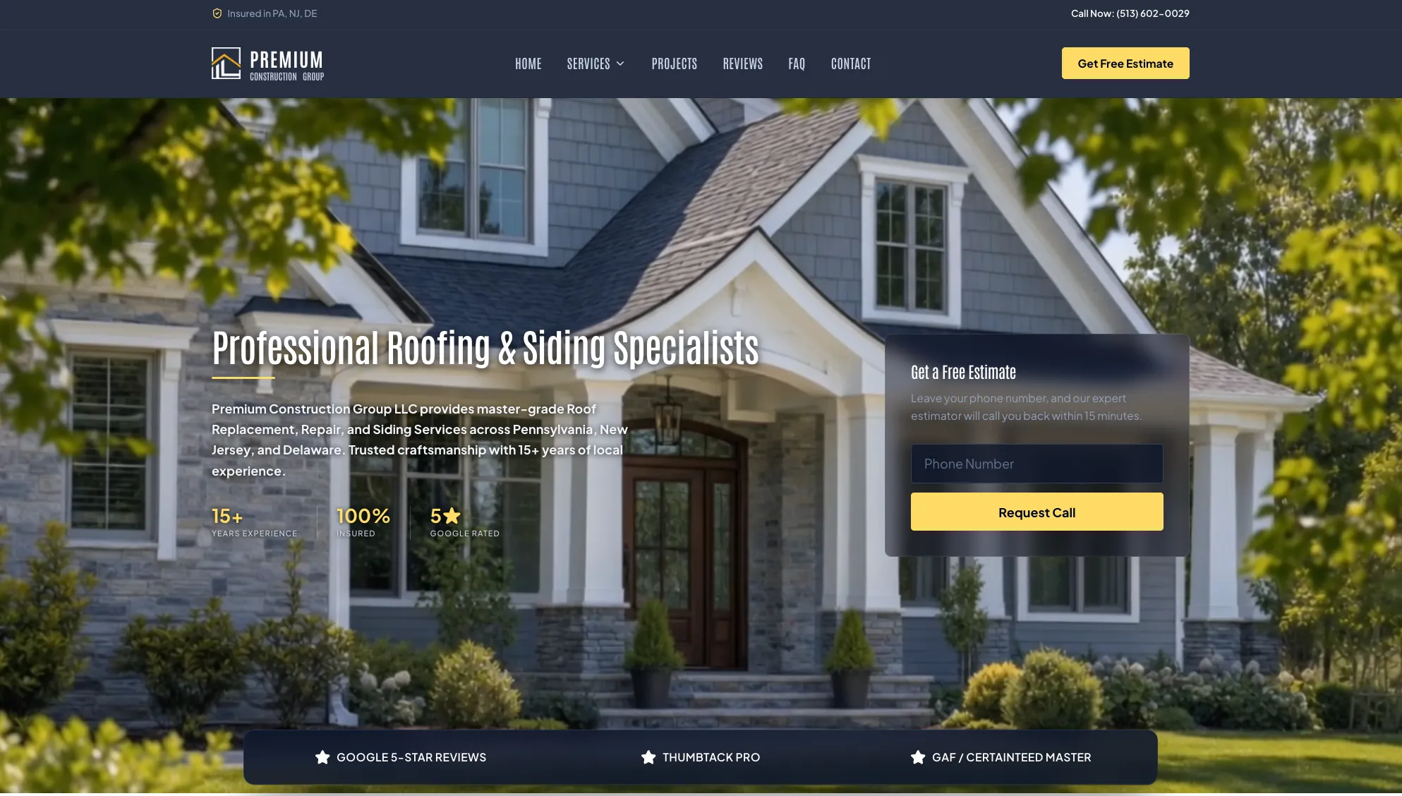 Premium Construction Group — desktop hero section